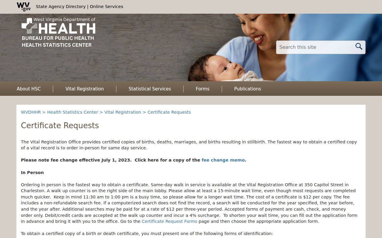 West Virginia Vital Registration certificate request options for Charles Town records