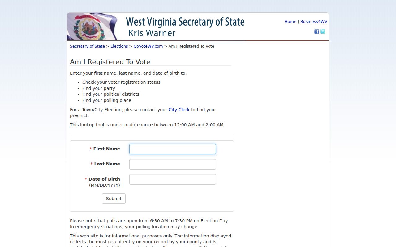West Virginia voter registration lookup fields for a Charles Town resident